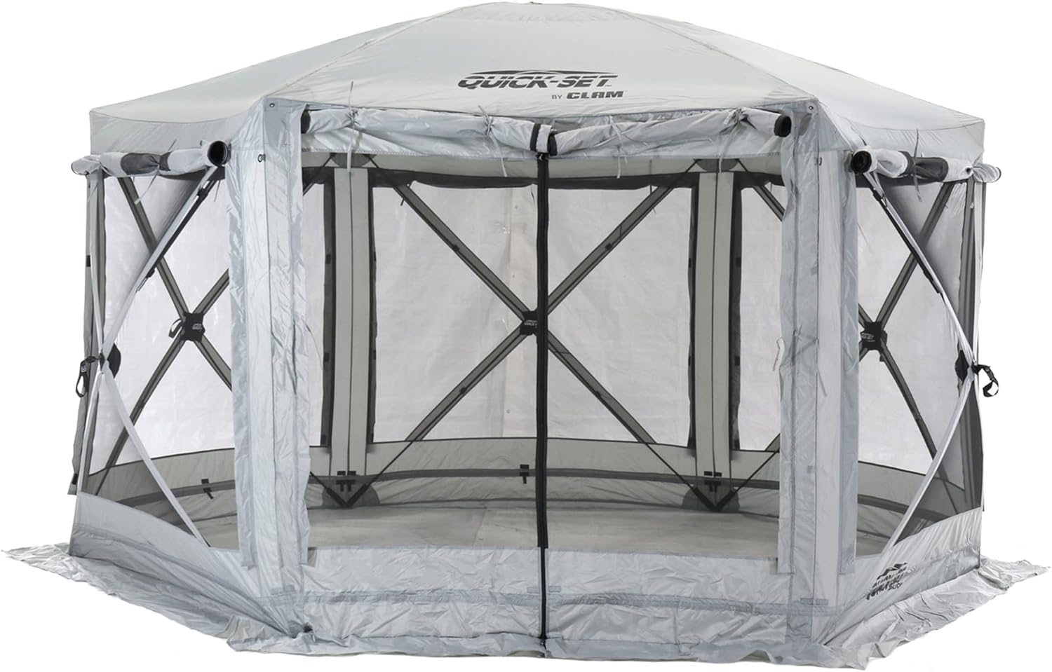 CLAM Quick-Set Pavilion 12.5 x 12.5 Ft Portable Pop-Up Outdoor Camping Screen Tent 6-Sided Canopy Shelter w/ Built-in Wind Panels & Carry Bag, Gray