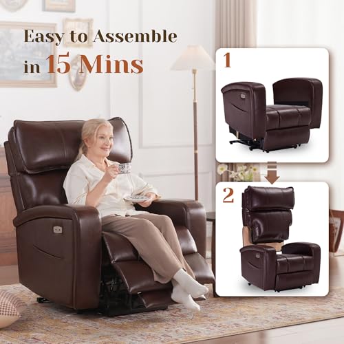 Power Lift Recliner Chair with Adjustable Headrest for Elderly, Electric Recliners with Heat & Massage, USB & Type C Ports, Reclining Single Sofa Chair, Leather