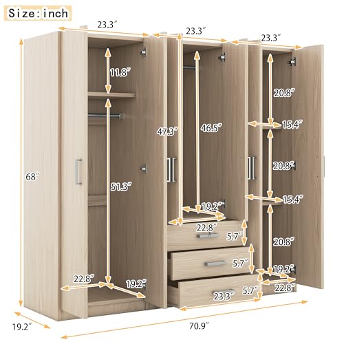 67.9" H Large 4 Doors Armoire Wardrobe Closet with Mirror, Freestanding Closet Wardrobe Clothes Cabinet Organizer with Locking Drawer, Shelves and Hanging Rod, Wooden Bedroom Armoires, White