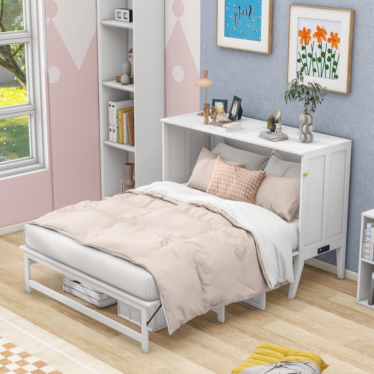 Queen Murphy Bed Chest with Charging Station, Wood Murphy Cube Cabinet Bed with a Shelf/Desk for Guest Room or Home Office, White