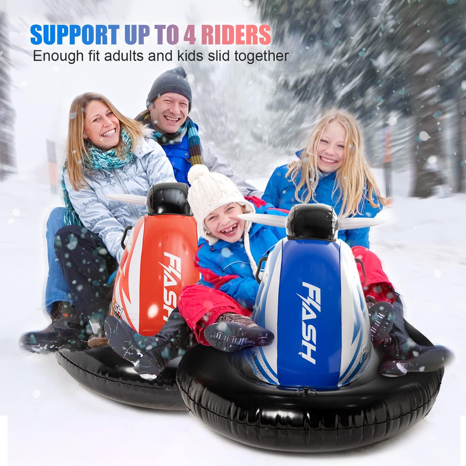 LIFECHOIC Snow Sled for Kids and Adults, 75" Giant Inflatable Snowmobile 2 Pack, Snow Tubes Heavy Duty with Reinforced Base, Side Handles and Rope, Winter Sledding Outdoor Play