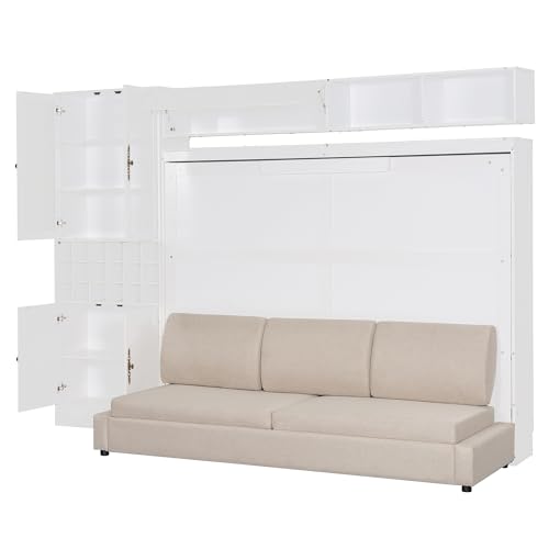 Merax Queen Size Murphy Bed Wall Bed with Sofa, Shelves, USB & Light - Space Saving Foldable Bed for Small Apartments, Grey