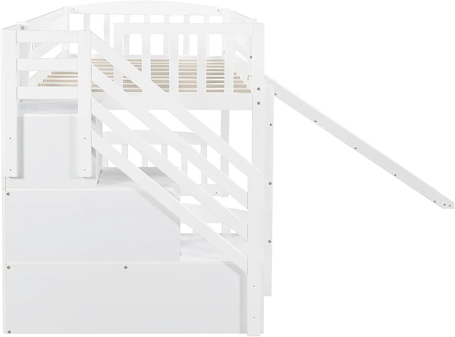 Loft Bed With Slide And Stairs, Wooden Low Loft Bed Frame With Storage For Kids Girls Boys - White