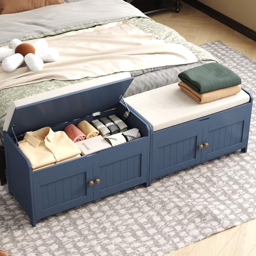 HOMEFORT Shoe Storage Bench with Lift Top Storage, Entryway Bench with Cushioned Seat,Wood Shoe Cabinet Bench,Bench for Bedroom End of Bed,Entry Hidden Shoe Bench for Mudroom,Hallway (Blue)