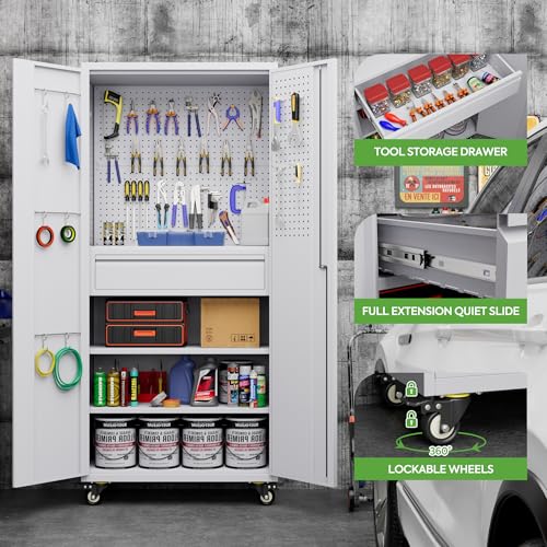 73" H Metal Storage Cabinet with Wheels, Garage Storage Cabinet with 4 Adjustable Shelves and Lockable Doors for Garage Home Office Utility Room,Required Assembly,Black