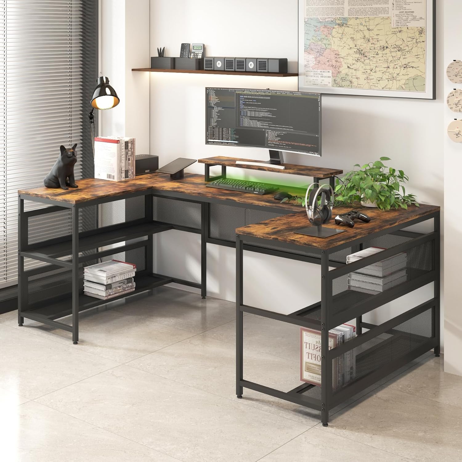 U-Shaped Desk with Shelve and LED Lights