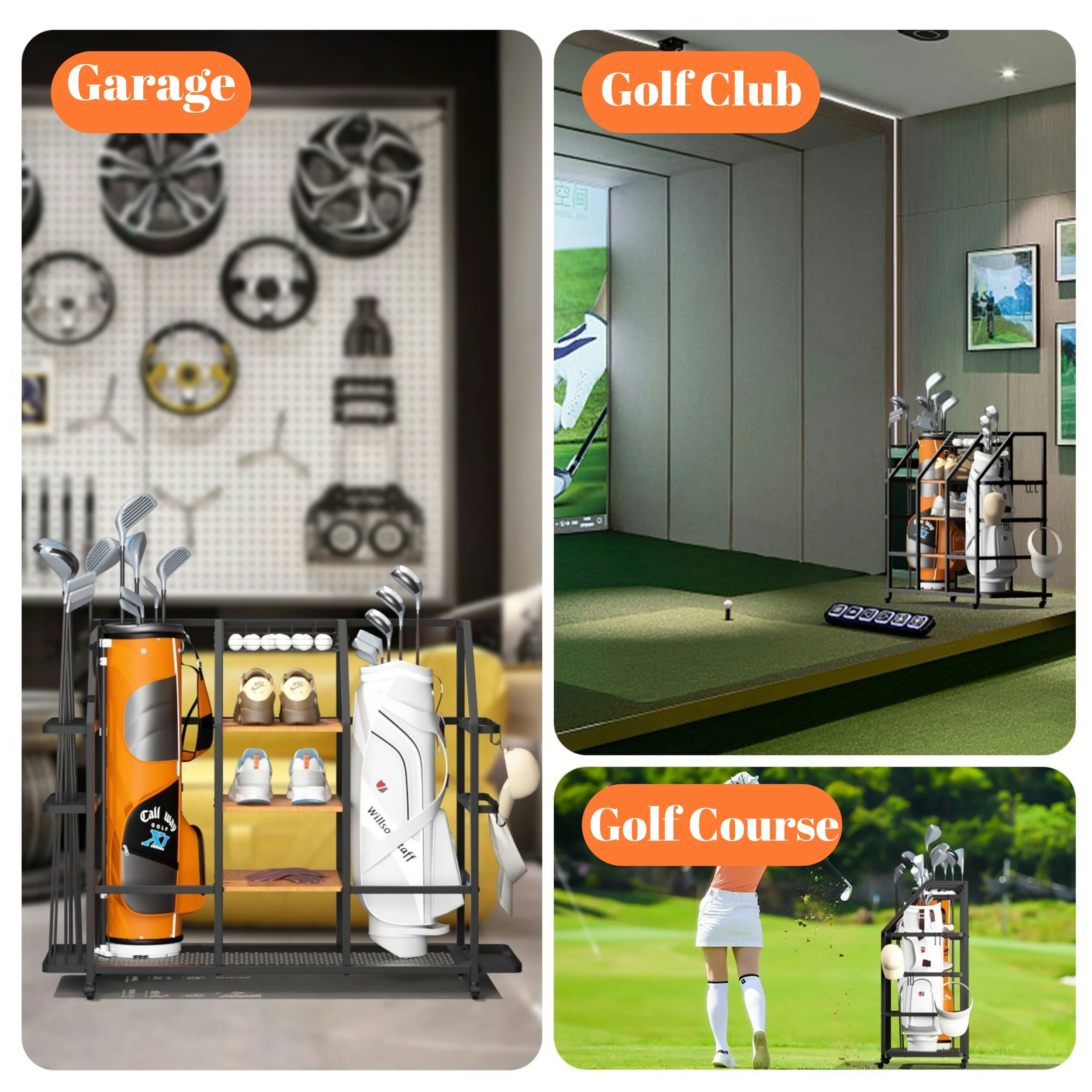 Uyoyous Extra Large Golf Bag Storage Rack, Golf Storage Organizer w/ Locking Wheels for Garage, Club and Basement