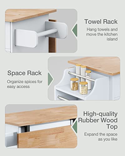 Kitchen Island with Drop Leaf and Storage, on Wheels Two Drawers, Large Storage Cabinet, Towel Rack Spice Cart Brown