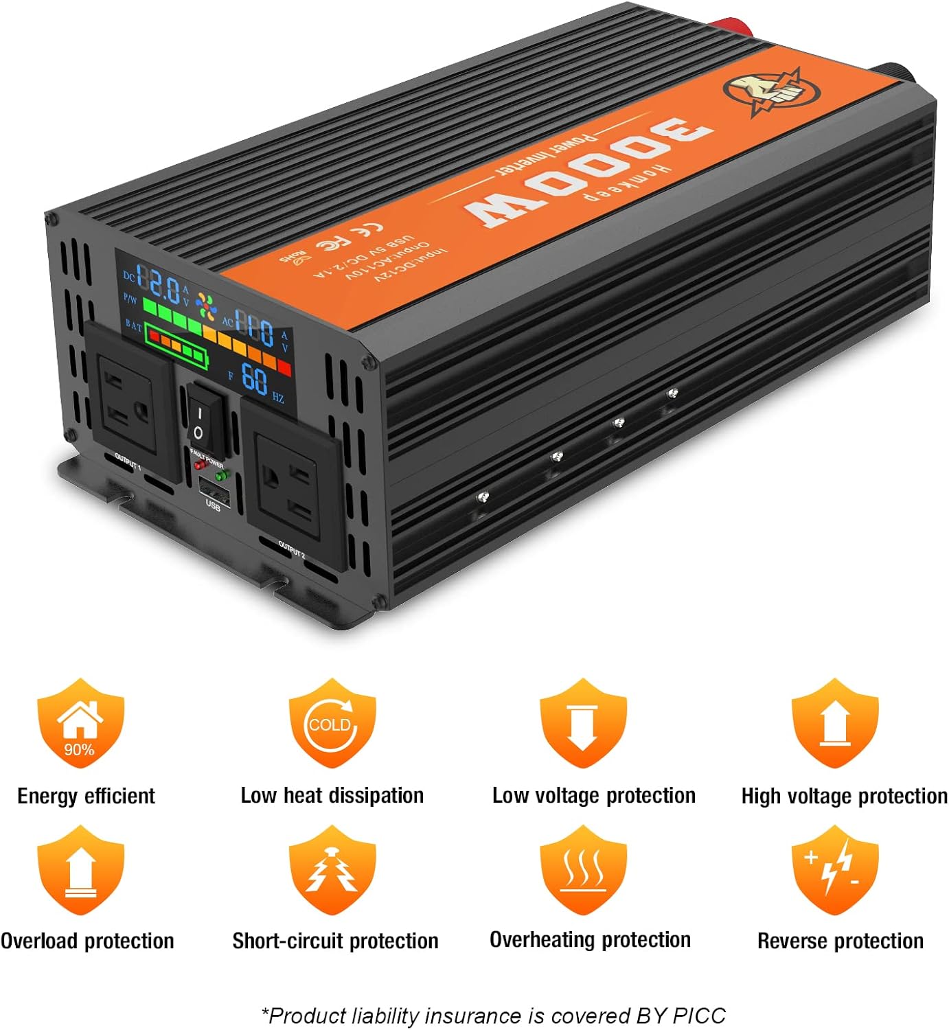 Power Inverter 2000 Watts 12V to 110V, Modified Sine Wave DC to AC Car/Home Converter, Dual 110V AC Outlets, USB Port, LED Display for Home, Outdoor, Camping, RV, Truck, Boat, Laptop and Emergency