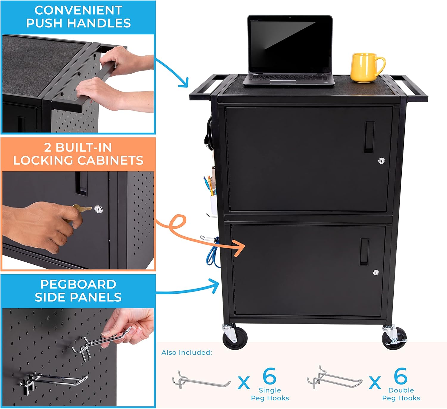 Line Leader Stellar AV Cart | Computer Cart with Pegboard Siding & 12 Hooks for Customizable Storage | Locking Cabinet & Pullout Keyboard Tray | UL Safety Certified Power Outlets | Locking Wheels