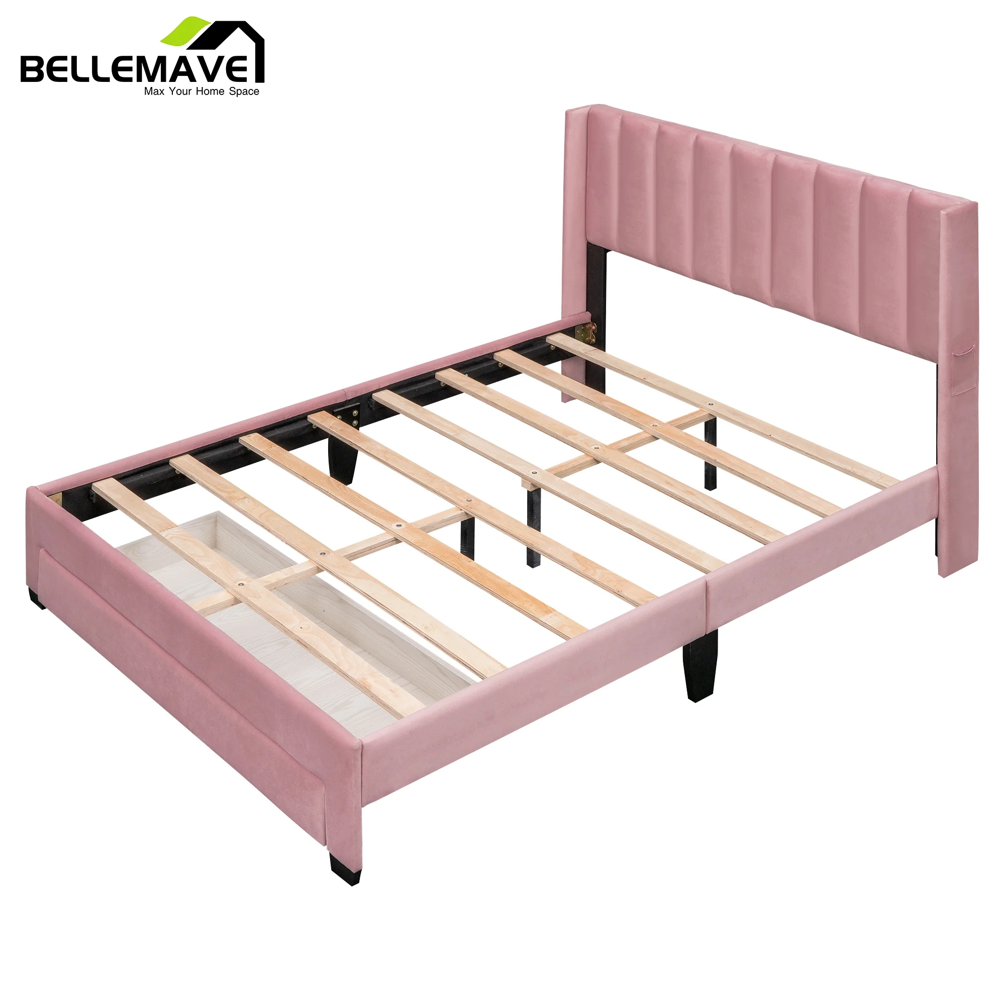 Bellemave Queen Size Pink Velvet Upholstered Wood Platform Bed with a Big Drawer and Soft Headboard