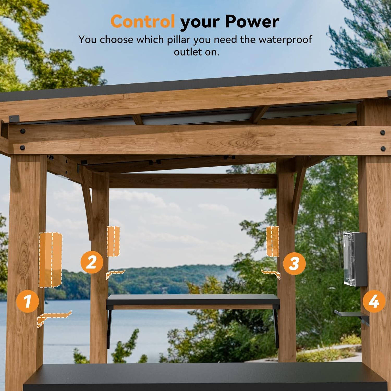 Modern Shade Grill Gazebo 6' X 8', Cedar Wood Gazebo with Shelves and Paper Towel Holder, Patio Gazebo with Galvanized Steel Roof, USB and USB-C Charging Ports, BBQ Gazebo for Patio Backyard