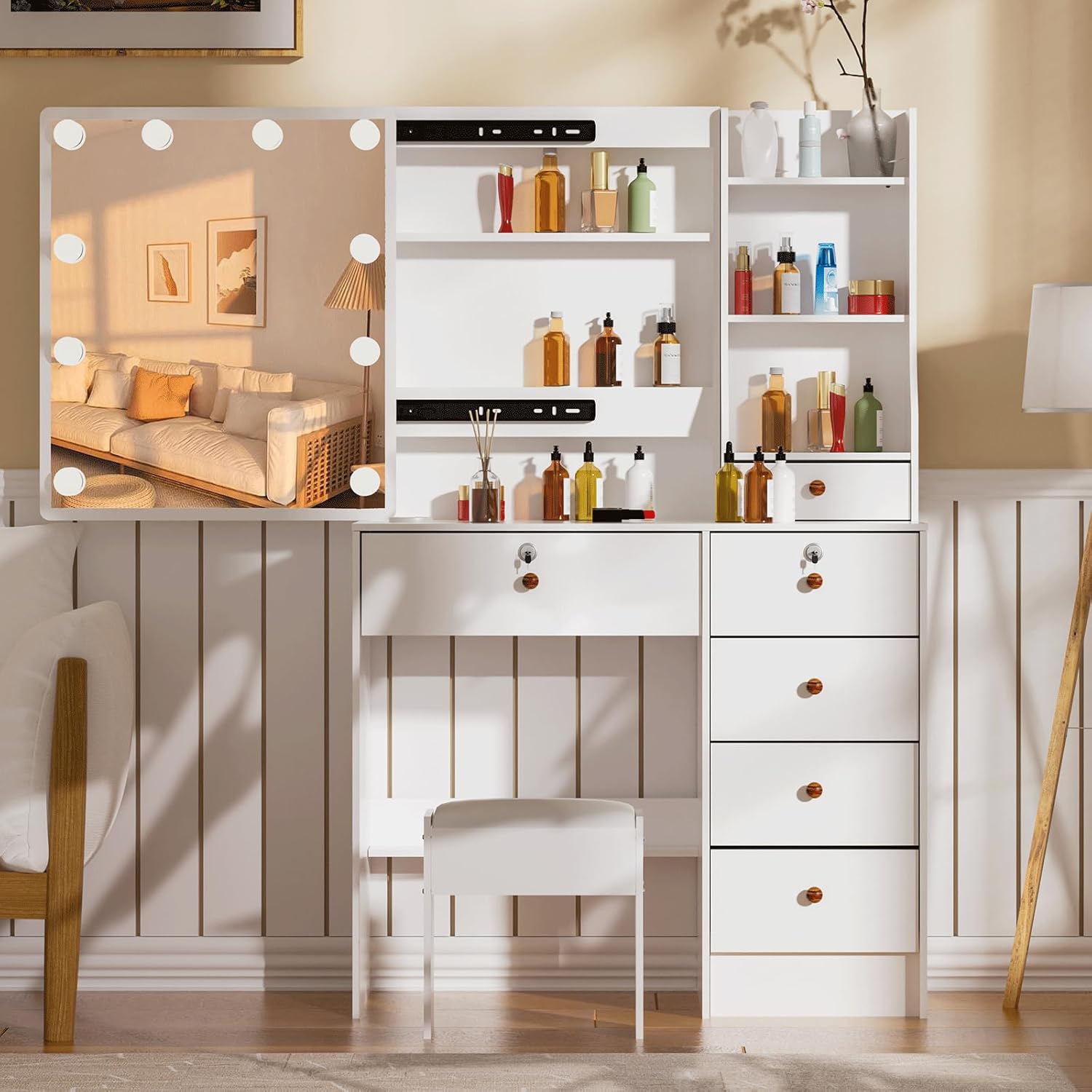 Girls Makeup Vanity with Sliding Mirror and Lights for Home, Hollywood Style Vanity Desk with Lockable Drawers and Cabinets, Dressing Cosmetic Table with Soft Chair for Girls