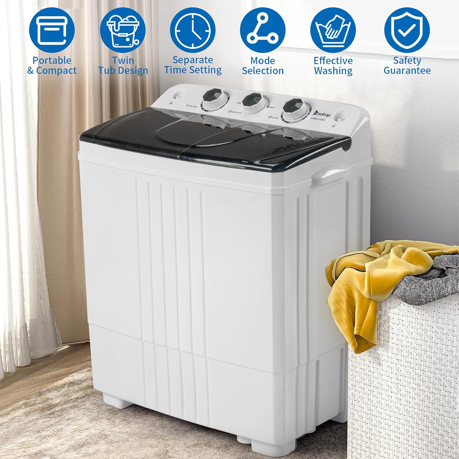 Portable Washing Machine, 20LBS Compact Mini Twin Tub Washer Machine, Portable Washer Wash and Spin Cycle, Built-in Gravity Drain for Camping, Apartments, Dorms, College, RV's, Small Spaces