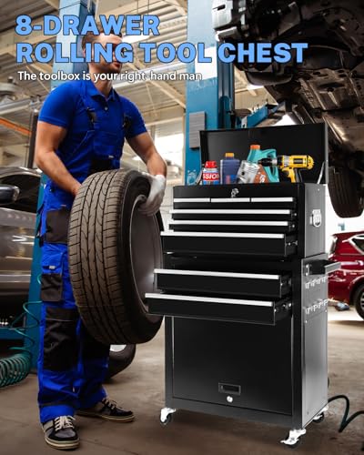 Heavy-Duty 7-Drawer Rolling Tool Chest with Wheels, Steel Tool Storage Cabinet with Lock & Liner for Workshop for Workshop/Garage - Includes 7 Organizer Boxes, Black