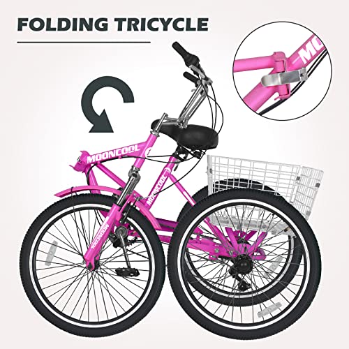 NAIZEA Adult Folding Tricycle Adult Tricycles, 7 Speed 20/24/26 Inch 3 Wheel Bike Cruiser Trike with Large Basket/Low-Step Through, Folding Adult Trikes Foldable Tricycle for Women, Men, Seniors