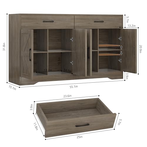 55" Sideboard Buffet Cabinet with Storage, Large Kitchen Storage Sideboard with Drawers & Doors, Modern Wood Farmhouse Coffee Bar Cabinet, Buffet Table for Kitchen, Dining Room, Living Room, White
