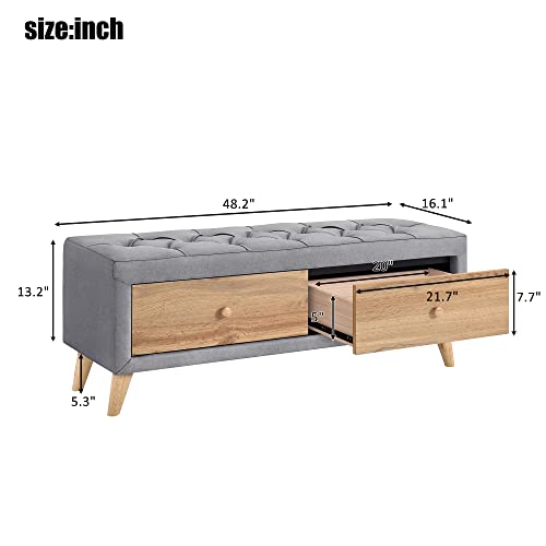 Upholstered Wooden Storage Ottoman Bench with 2 Drawers Button-Tufted Linen Padded Footstool Modern End of Bed Bench Entryway Storage Bench for Living Room Dining Room, Gray