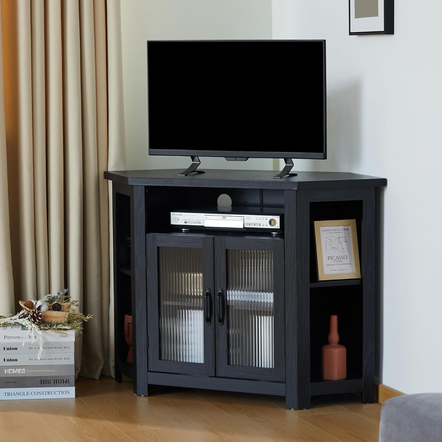 Corner TV Stand for TVs up to 50 Inch, Media Entertainment Center with Storage Shelves and Glass Doors, Console Table Buffet Cabinet for Living Room Bedroom