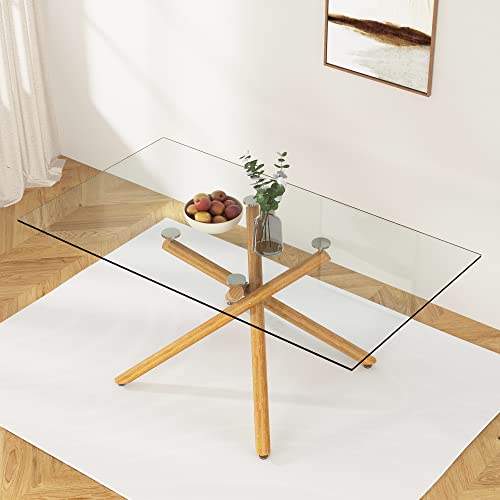71 Inch Glass Dining Table for 6-8 with Golden Chrome Metal Legs, Tempered Glass Top Dining Table, Rectangular Modern Dining Table for Kitchen, Dining Room, Living Room (Golden + Glass)