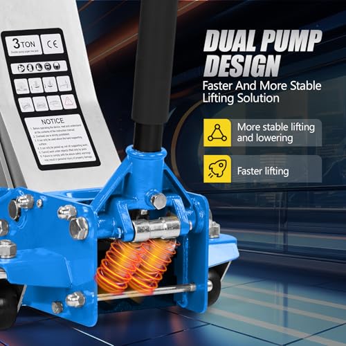 TUFFIOM Low Profile Floor Jack, Heavy Duty Jack with Dual Pistons Quick Lift Pump for Cars & SUVs, Lifting Range 2-19/20" to 20-1/10", Orange
