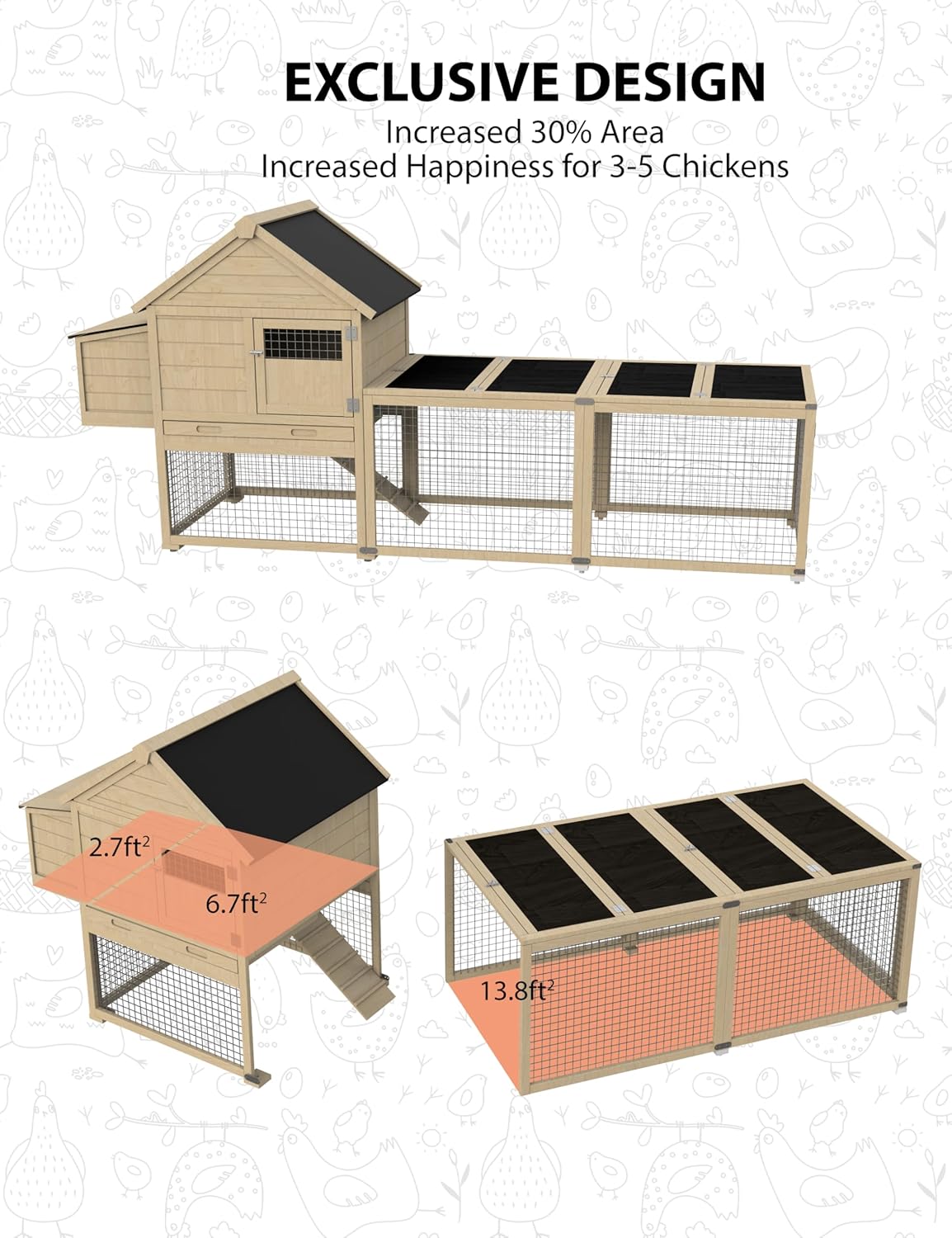 Chicken Coop, Outdoor Chicken Coop for 3-5 Chickens, 109in Chicken Coop with Run, Wooden Chicken Coop with Waterproof Roof, Nesting Box, Pull Out Trays and Ramp, Wood Color