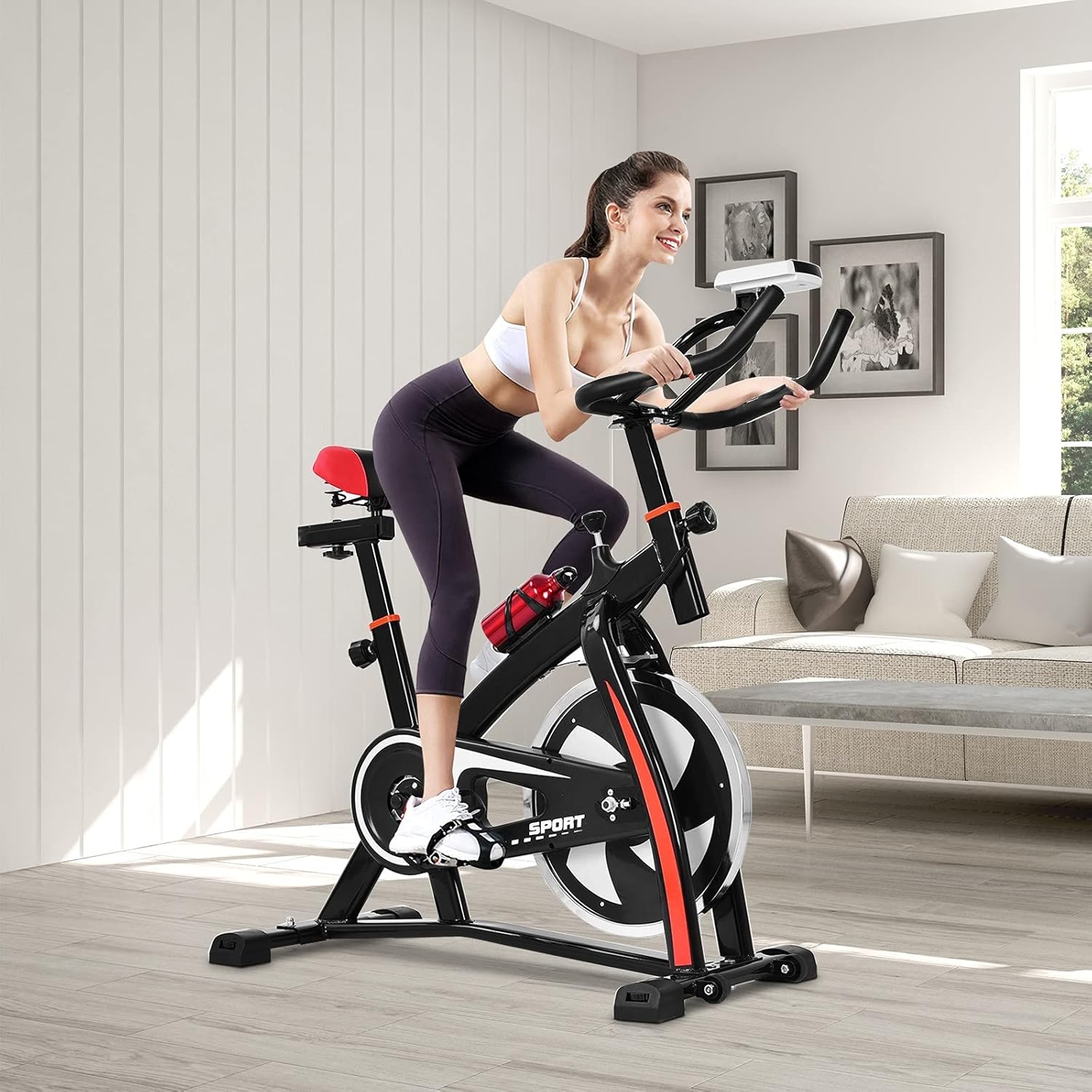 Exercise Bike Indoor Cycling Bike, Workout Bike Spin Bike with Comfortable Seat Cushion, LCD Display & Bottle Holder, Fitness Equipment Stationary Bikes for Home (Black)
