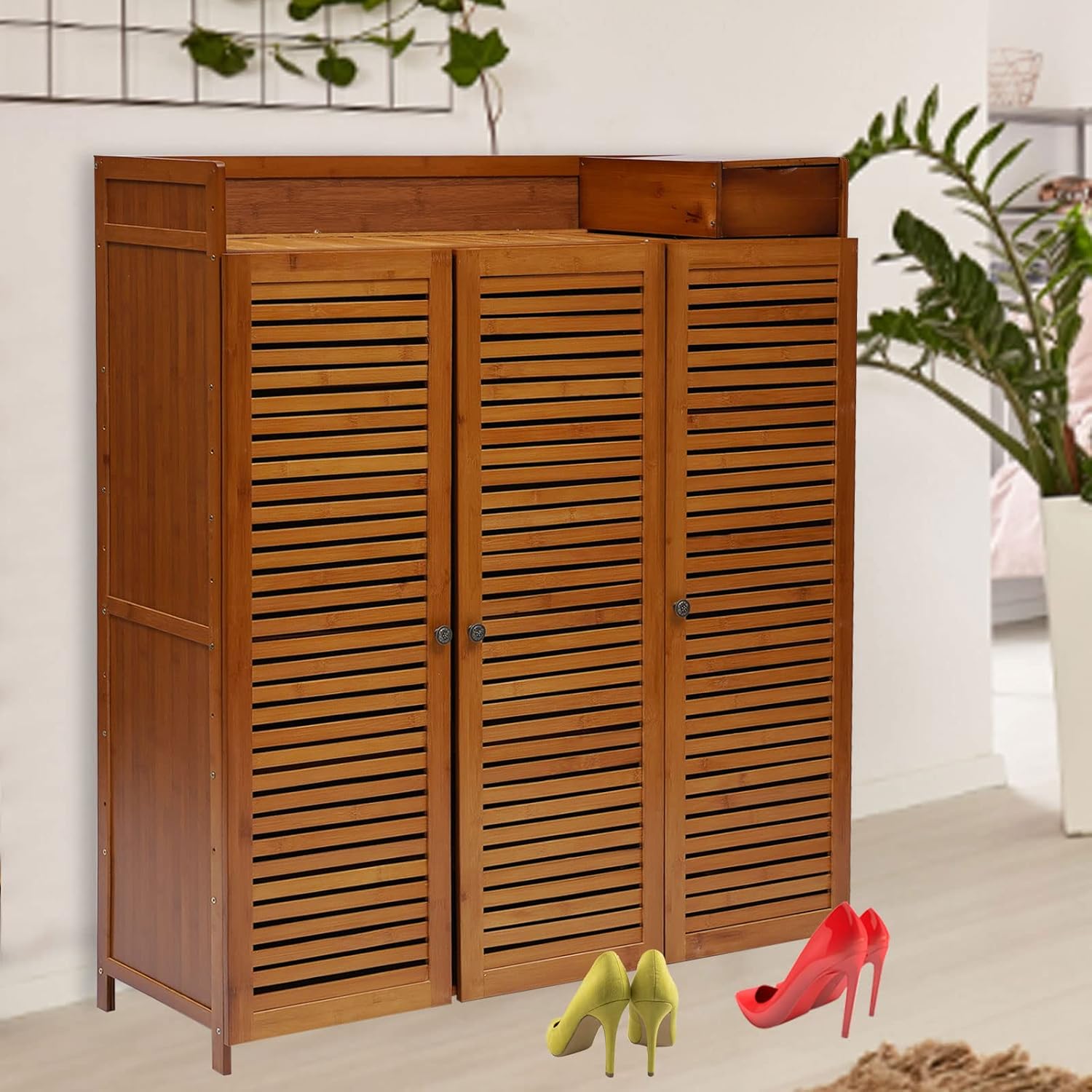 7-Tier Shoe Storage Rack with 3 Doors, Bamboo Rack Organizer Cabinet Wood Freestanding Shoe Storage Cabinet for Entryway Hallway Closet, 38.6" L×12.6" W×45.3" H