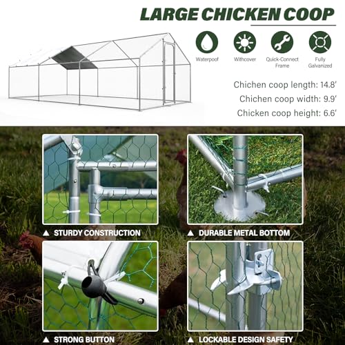 Chicken Coop Large Metal Chicken Run for Yard Walk-in Heavy Duty Chicken Pen with Waterproof and Anti-UV Cover Poultry Cage for Outdoor
