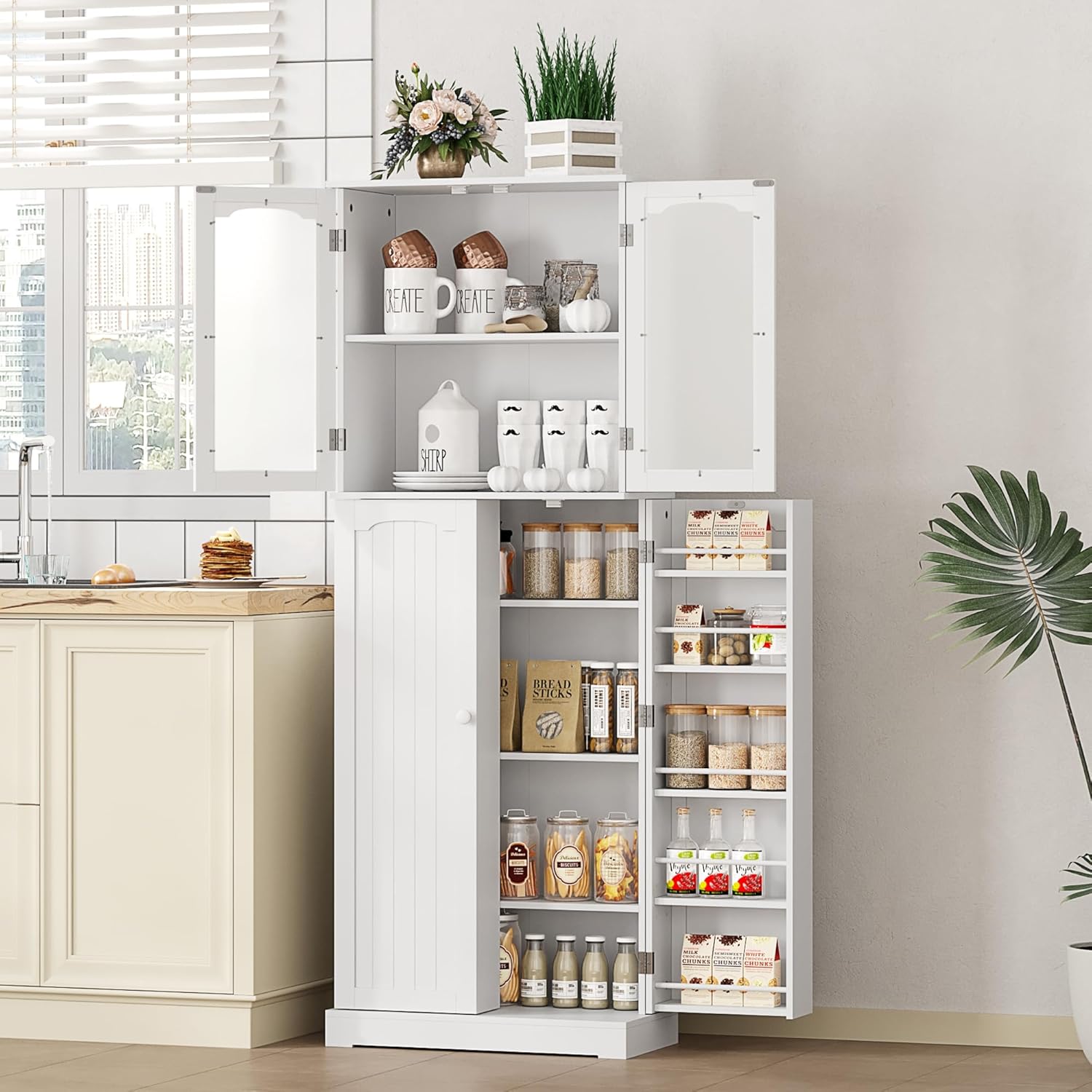 HOME BI 64" Kitchen Pantry Cabinet, Tall Freestanding Pantry with Glass Doors,Wooden Food Pantry Storage cabinet for Home Kitchen, Dining Room, Living Room(White, 23.62W x 11.81D x 63.58H)