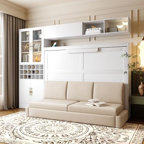 Merax Queen Size Murphy Bed Wall Bed with Sofa, Shelves, USB & Light - Space Saving Foldable Bed for Small Apartments, Grey