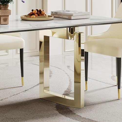 63 inch Glass Dining Table with Clear Rectangular Glass Top, U-Shape Golden Plating Metal Legs Modern Rectangular Glass Kitchen Table Furniture for Home Office Kitchen Dining Room (Gold)