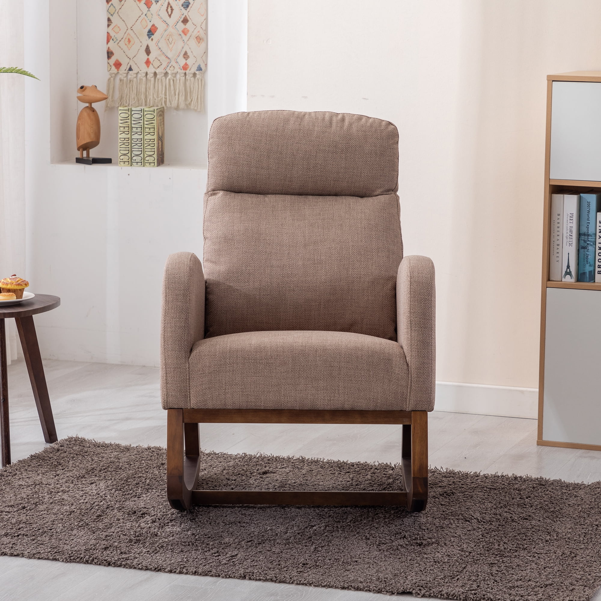 SYNGAR Modern Accent Rocking Chair, Upholstered Nursery Glider Rocker for Baby and Kids, Comfy Armchair with Side Pocket, Living Room Lounge Arm Chair, High Backrest with Wood Curved Base, Camel