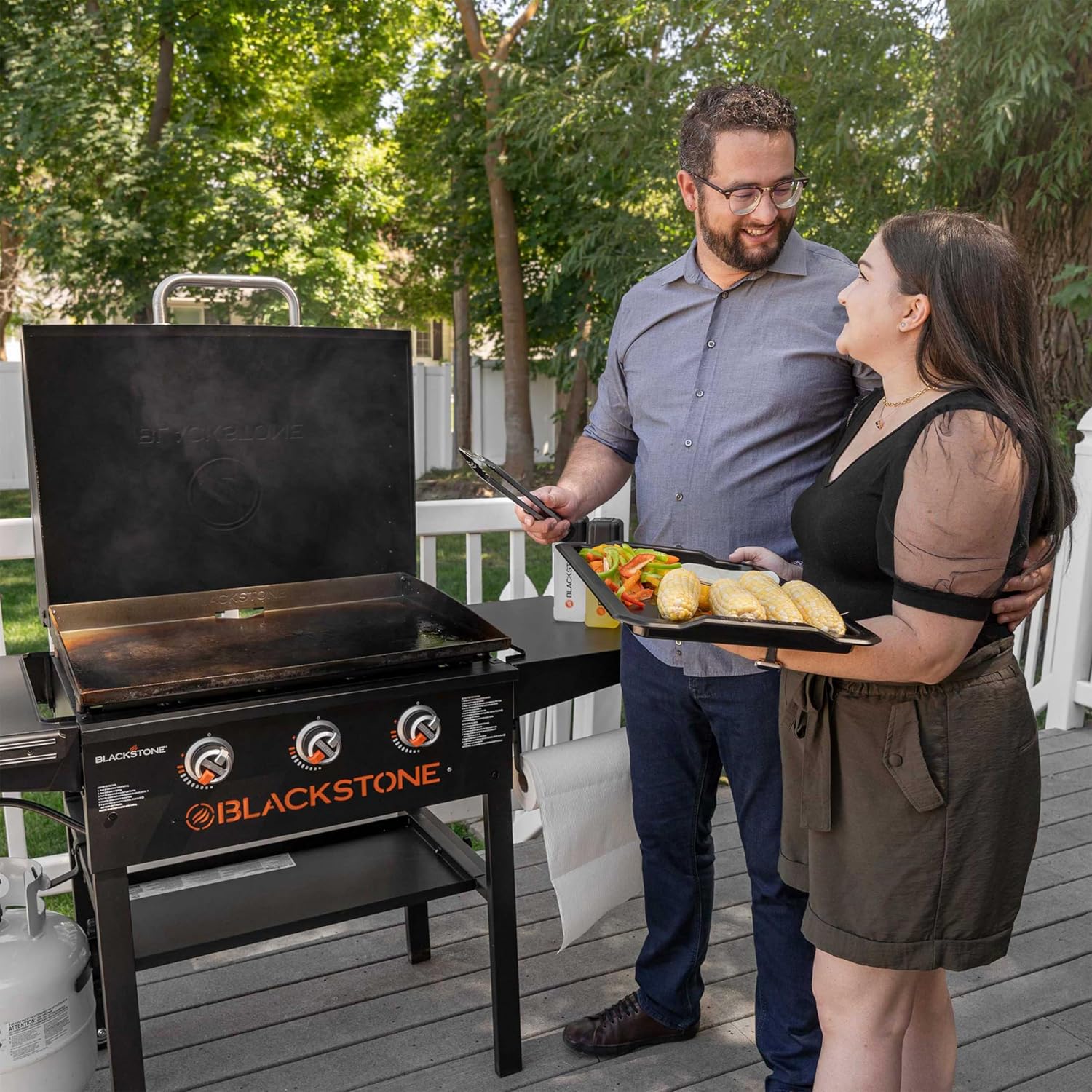 28 Inch Blackstone Griddle 2080 with Hood XL Griddle Original 3-Burner Outdoor Flat Top Grill, with Blackstone Griddle Seasoning, and Wholesalehome Gloves and Cloth