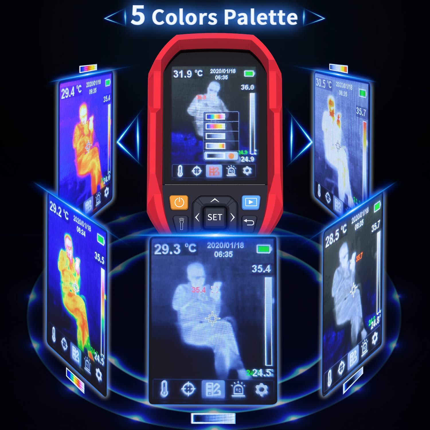 220 x160 IR Infrared Thermal Imager Camera Rechargeable Handheld, 35200 Pixels Temperature Automatic Tracking Thermal Imaging Camera with 3.5” LCD Display, 5 Colors Palette and LED Light