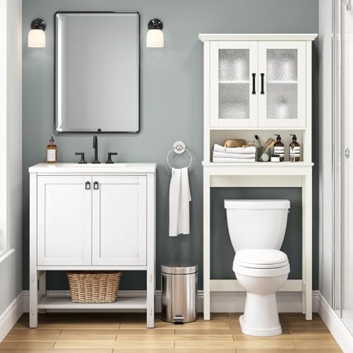 Over The Toilet Storage Cabinet, Over Toilet Bathroom Organizer with Glass Doors and Adjustable Shelf, Thicken Frame above Toilet Storage Cabinet Behind Toilet Bathroom Organizer, Espresso