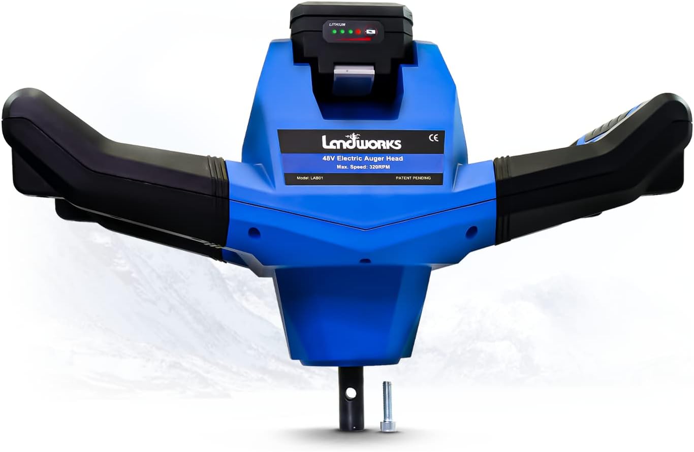 Landworks Earth Ice Auger Power Head Heavy Duty Eco-Friendly Electric with Brushless Motor 2Ah Battery and Charger Included (Auger Bit Sold Separately)