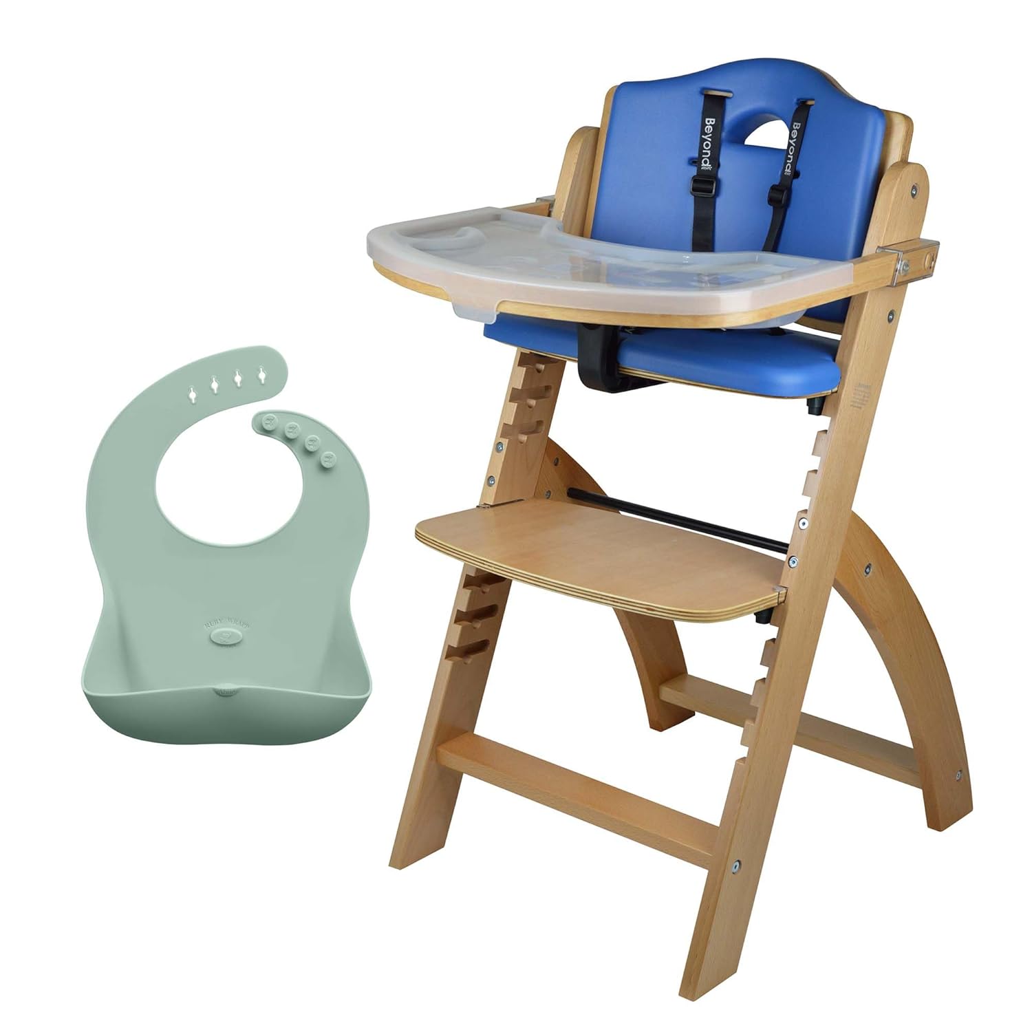 Abiie Beyond Junior Natural Wood/Blue Cushion Convertible 3-in-1 Wooden High Chairs for 6 Months to 250 lbs, and Ruby Wrapp Sage Green Waterproof Silicone Bibs with Front Pocket - Baby Essentials