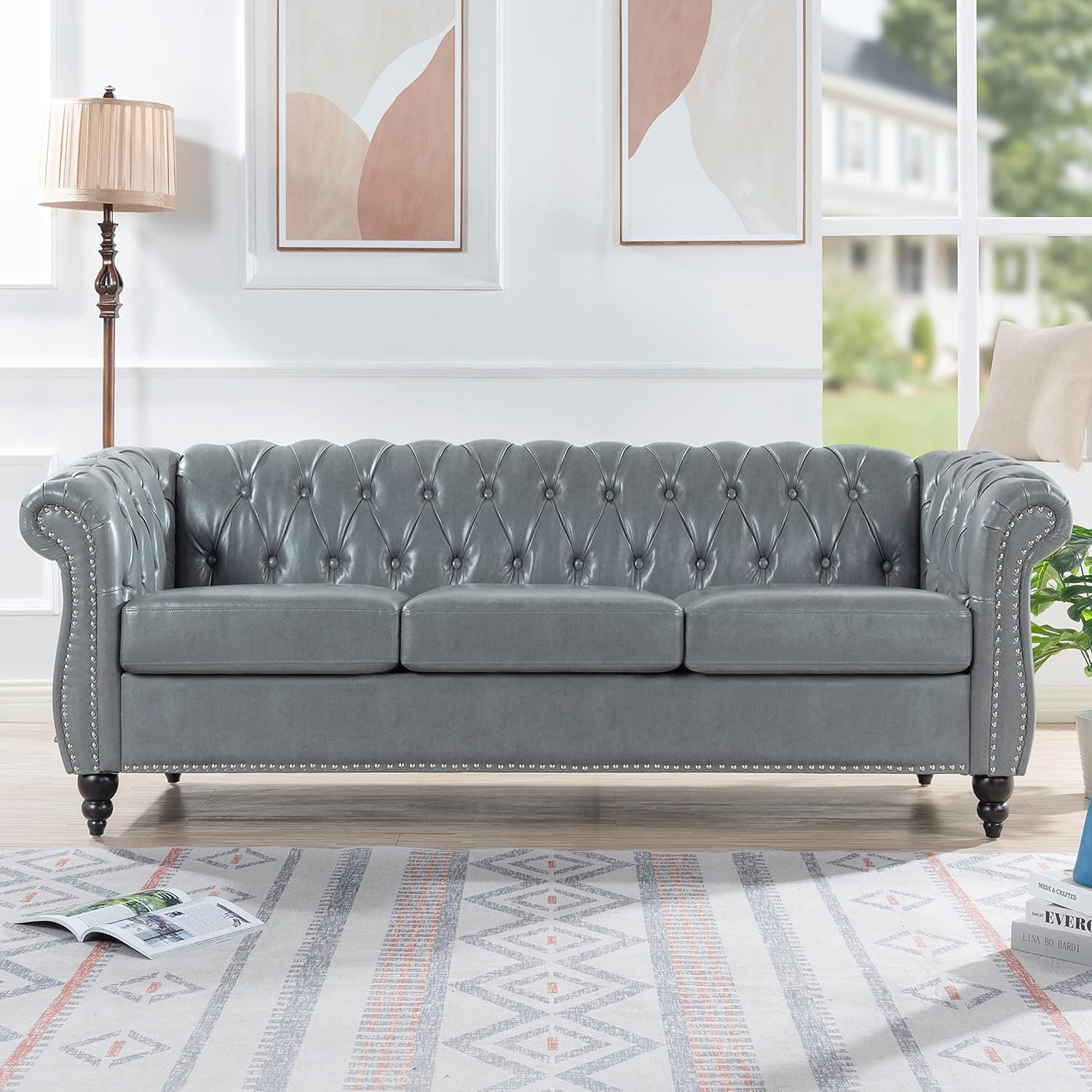 3-Seaters Living Room Clasic Chesterfield Sofa Couch Button Tufted PU Leather Upholstered Sofa&Couch with Luxury Roller Armrest Soild Wood Legs Movable Cushions & Nailhead Decor
