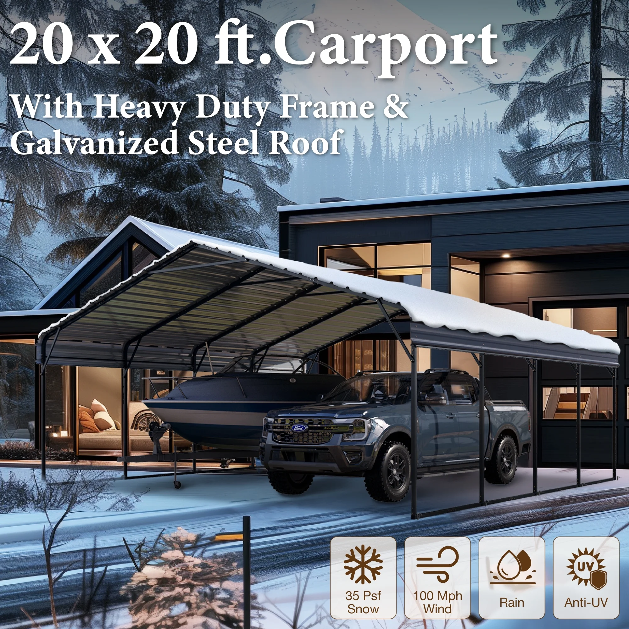 Summit Living 20 x 20 ft Metal Carport with Galvanized Steel Roof, Heavy-Duty Steel Garage Car Storage Shelter, Gray