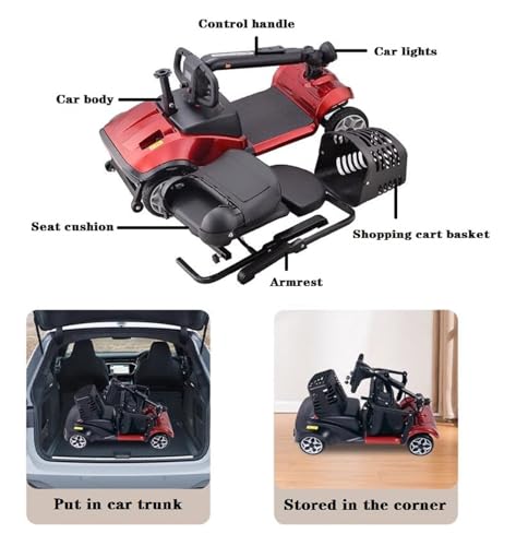 4 Wheel Mobility Scooter, Electric Power Mobile Wheelchair for Seniors Adult with Lights- Collapsible and Compact Duty Travel Scooter w/Basket Extended Battery Light(Red)