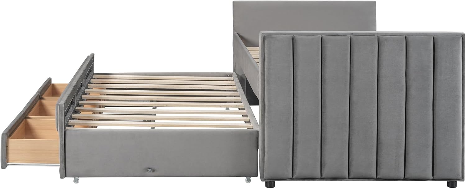 Twin Size Modern Velvet Upholstered Daybed with Twin Size Trundle and 3 Storage Drawers, Wooden Daybed Sofa Bed Frame with Slat Support for Kids Teens Adults, No Box Spring Needed (Gray)