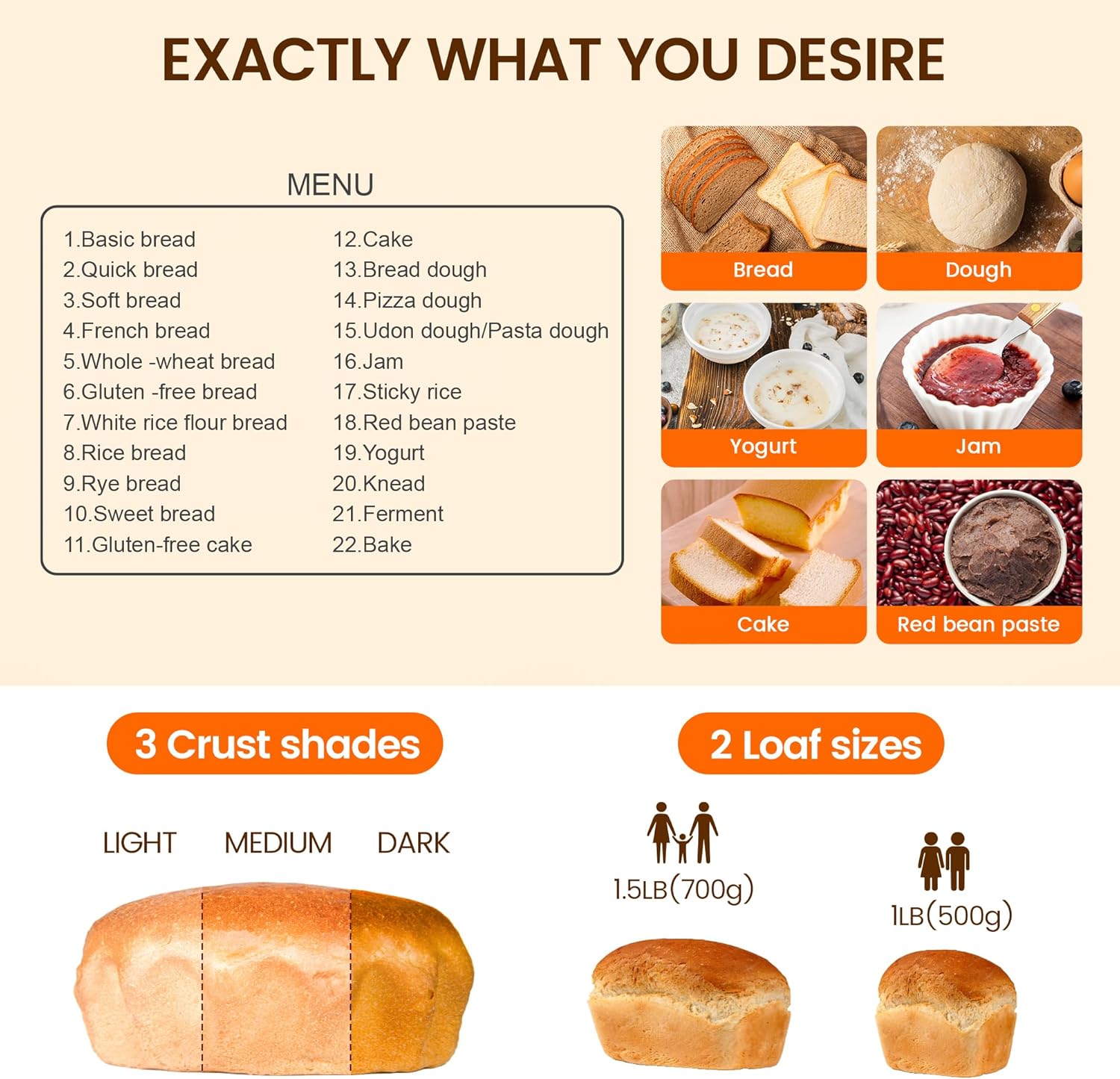 22-In-1 Compact Automatic Bread Maker Machine, 1LB/1.5LB Programmable 2 Loaf Sizes, 3 Crust Colors, Small Digital Home Bakery with Dough, Cake, Jam, Yogurt, Non-stick Pan, White