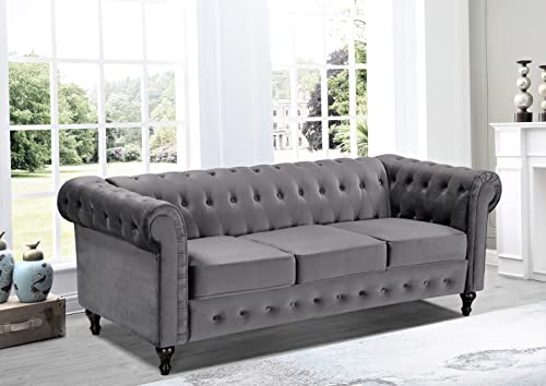 Teressa 3-Piece Velvet Chesterfield Sofa Set for Living Room, Apartment or Office, Includes Mid Century Modern Couch, Loveseat and Accent Chair, Grey