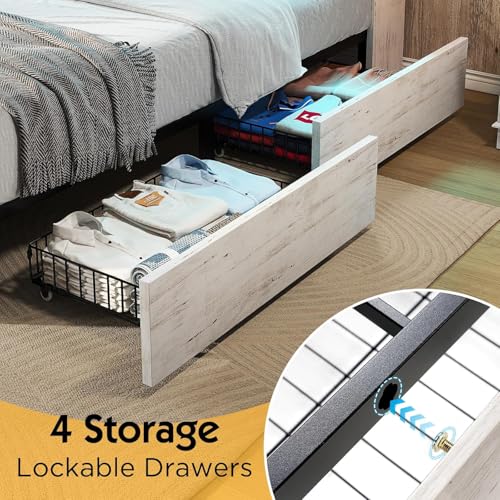 Full Farmhouse Bed Frame with Bookcase Headboard and 4 Drawers, LED Storage Bed with Charging Station & Linen Upholstered, No Box Spring Needed, Black