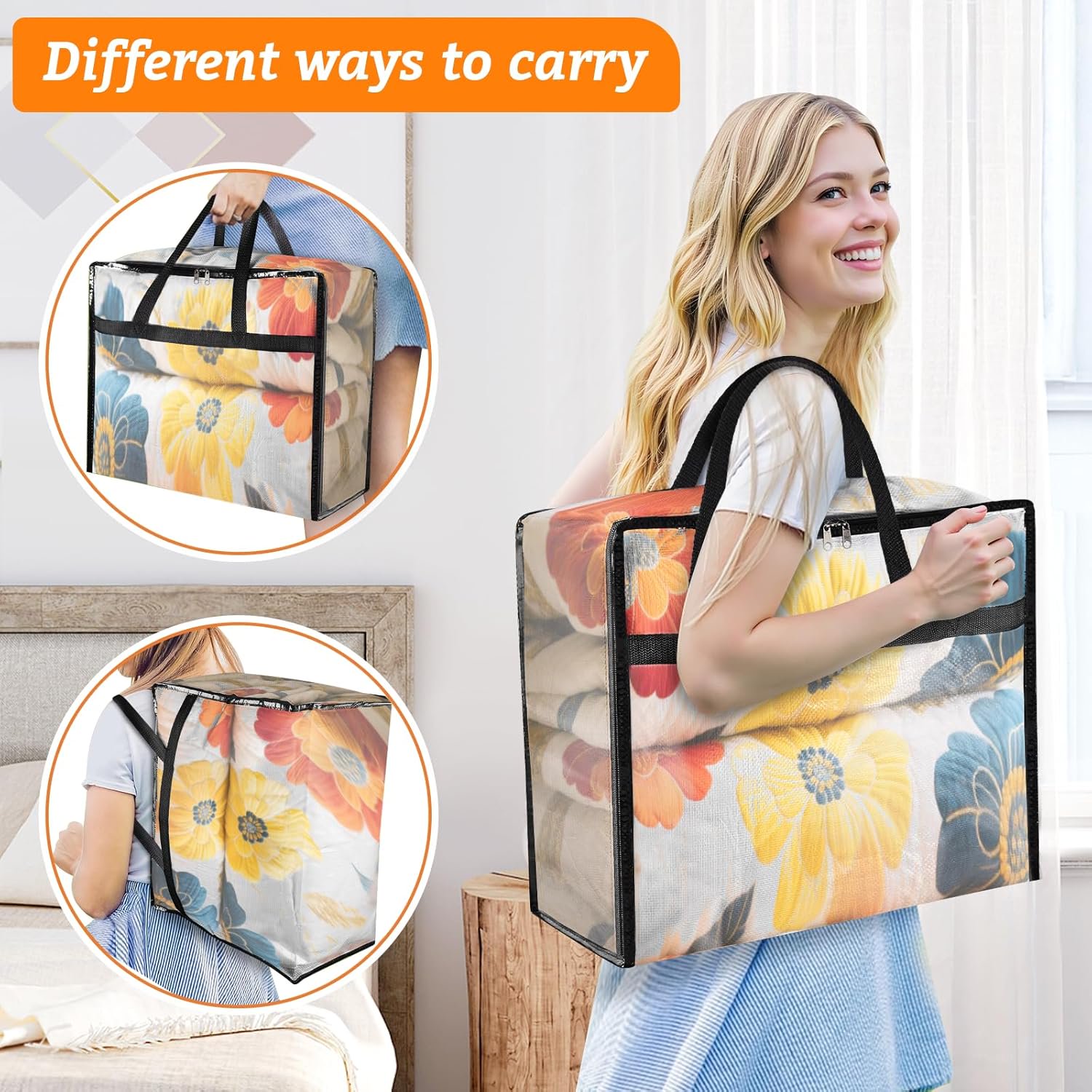 8 Pack Clear Clothes Storage Bags, Moving Bags, Foldable Blanket Storage Under Bed Storage Containers with Sturdy Zipper and Handle for Clothing, Comforter, Bedding, Sheet (90L)