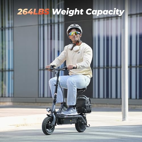 iScooter Electric Scooter with Seat, 37/21 Miles Long Range & 28/19/15.6 MPH Top Speed, 14"/12"/10" Pneumatic Tire, Height Adjustable Seat & Handlebar, Dual Suspensions Commuting Scooter with Basket