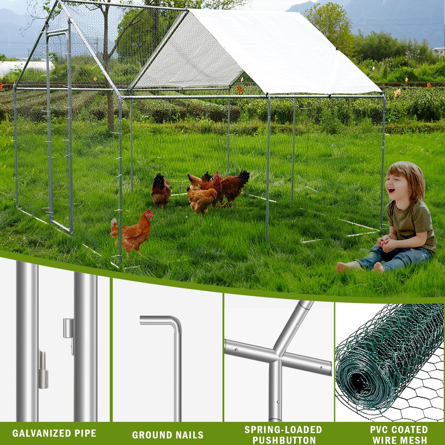 Large Metal Chicken Coop, Outdoor Metal Chicken Run with Waterproof and Anti-Ultraviolet Cover for 10-20 Chickens, Walk-in Poultry Cage for Chicken, Duck, Rabbit, Dog (9.84'×9.84'×6.46')