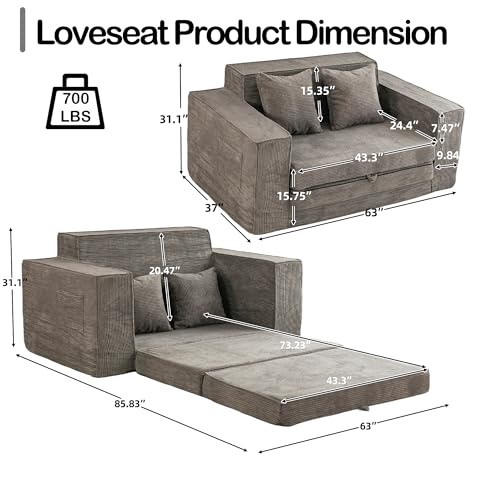 HOMREST 76" Convertible Memory Foam 3-seat Sofa, Pull Out Sleeper Sofa Bed, 2 in 1 Folding Couch Bed, Fold Out Floor Couch Corduroy Fabric with 3 Pillows for Living Room Bedroom Lounge (Grey)