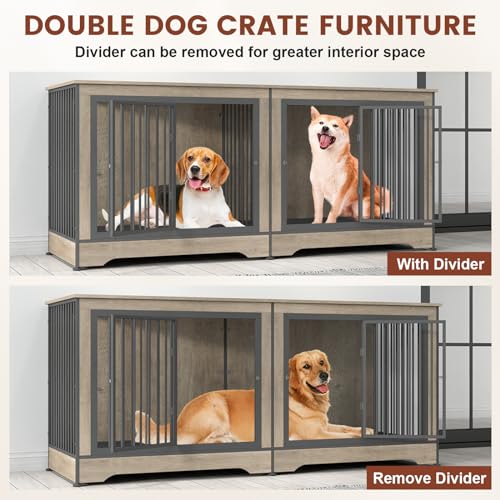 86 Inch Double Dog Crate Furniture with Divider, 4 Combination Forms Large Dog Kennel Furniture for 2 Dogs, Rustic Brown Corner Dog Kennel for Small Medium Large Dogs
